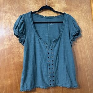Pilcro Teal Puff Sleeve Eyelet Front Top